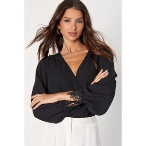 Lulus Black V Neck Long Sleeve Lace Trim Wrap Bodysuit Top Womens SZ M‎